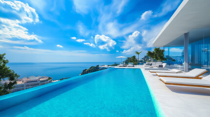 Fototapeta premium Infinity pool overlooking tranquil ocean in luxurious resort