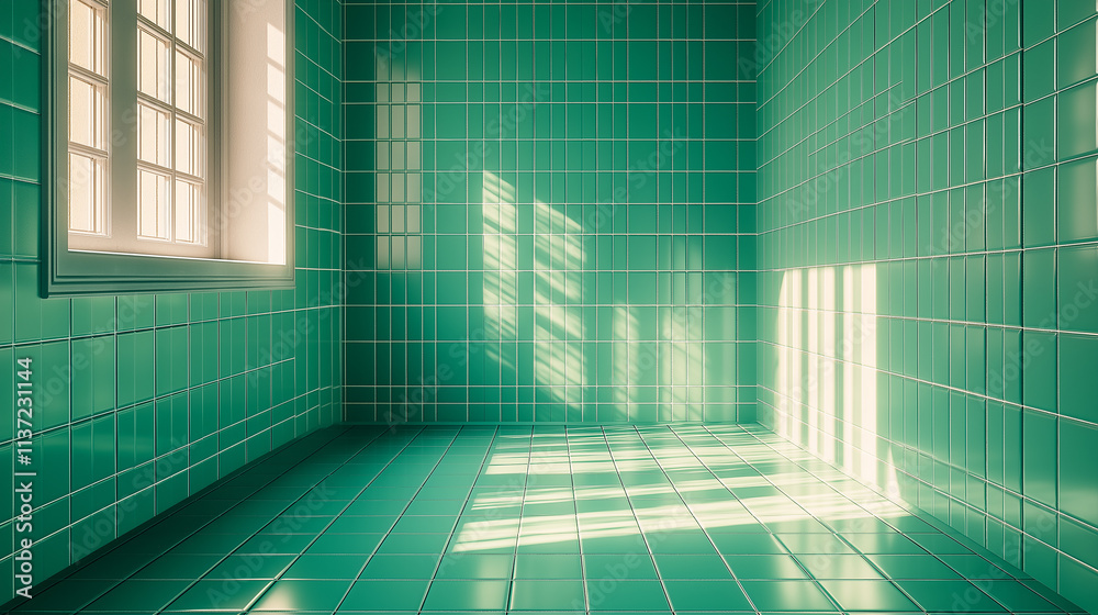 Aufkleber sunlight illuminating empty green tiled room with window