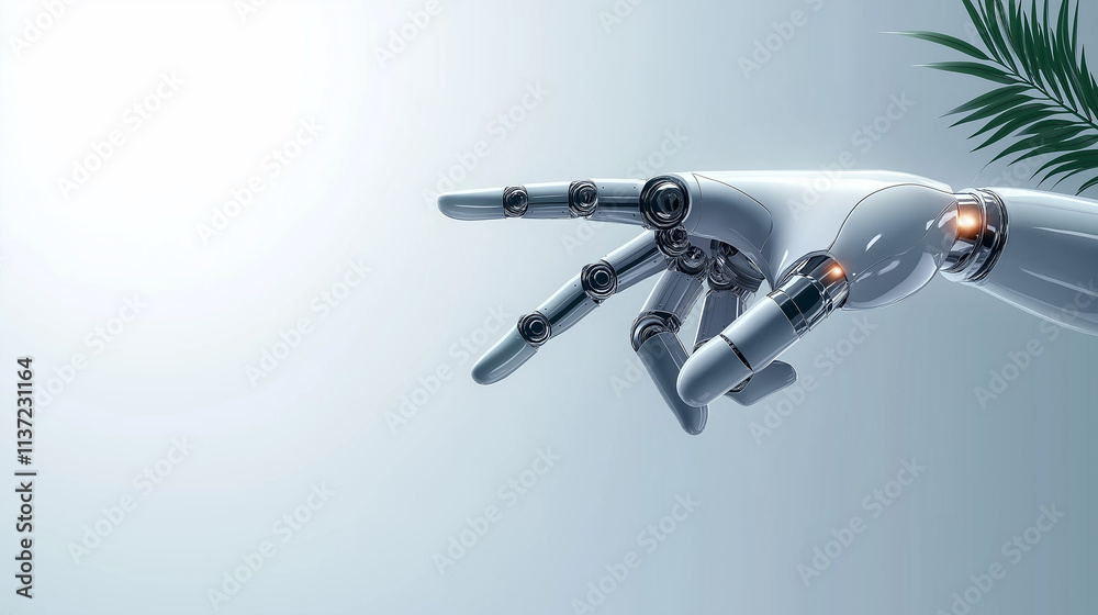 Poster Robotic hand pointing with index finger in futuristic environment