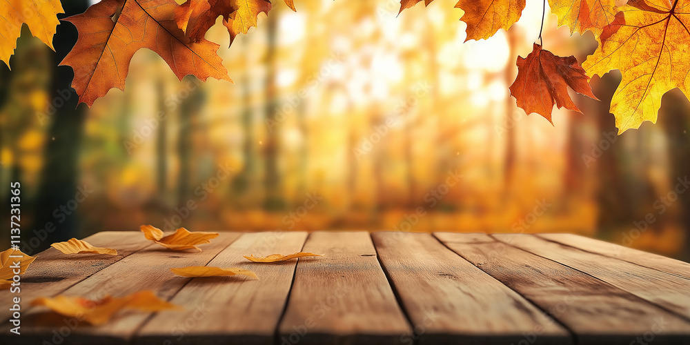 Poster empty wooden table with falling autumn leaves and blurred forest background