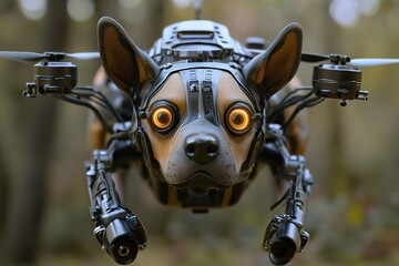 Dog with a robotic head is flying through the air