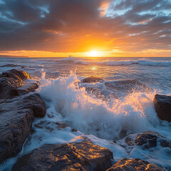 Fototapeta premium Sunrise Over Rocky Shoreline with Waves Crash