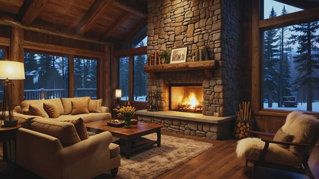 Cozy log cabin in winter, seamless 4K looping virtual video animation background