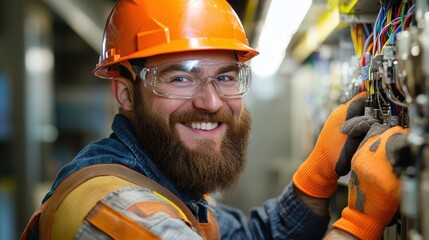 Smiling electrician working on wires, wearing safety gear. Ideal for industrial, engineering, or construction projects.