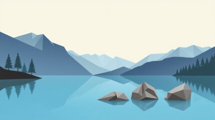 A serene landscape featuring mountains and a calm lake with geometric rocks.