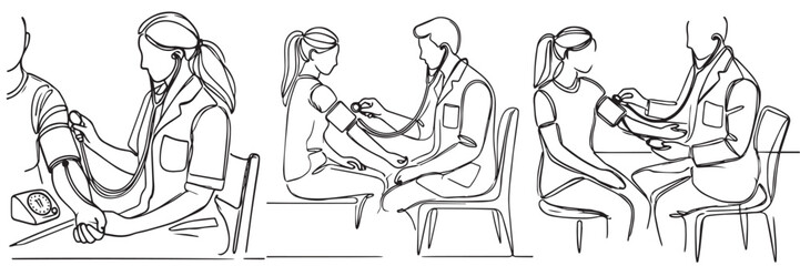 set Continuous line drawing of nurse with patient