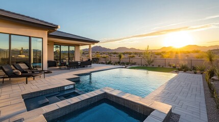 Fototapeta premium A serene poolside view at sunset, showcasing modern architecture and a tranquil landscape.