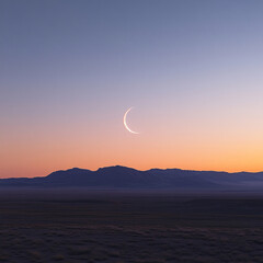 Serene Crescent Moon Over Distant Mountains at Dusk