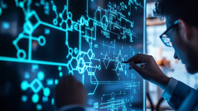 A person is analyzing digital data on a screen, with blue scientific graphics and diagrams illuminated in a high-tech environment.