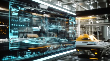 A futuristic interface displays data analytics in a high-tech environment, showcasing advanced technology and digital interaction.