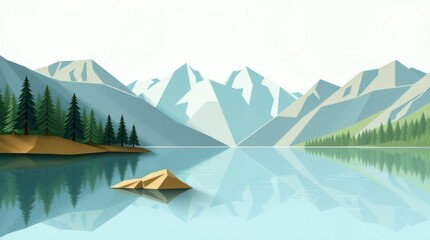 A serene landscape with mountains, a lake, and trees, showcasing nature's beauty.