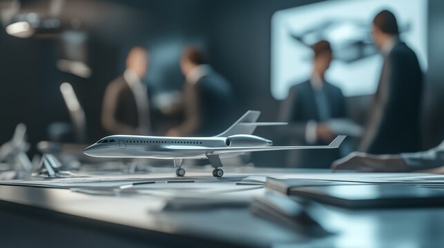 A sleek model airplane on a conference table, with blurred figures of professionals discussing in the background, highlighting business and aerospace themes.
