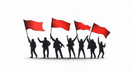 Silhouetted figures raise red flags in protest