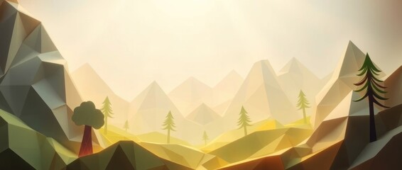 A serene low-poly landscape featuring mountains, trees, and soft light.