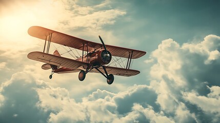 Red biplane soaring through fluffy white clouds
