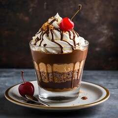 "Layered Kunafa Sundae with Chocolate Ice Cream, Whipped Cream, and a Cherry on Top"