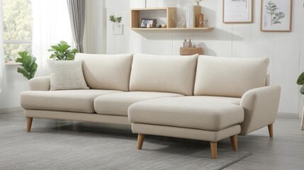 Beige sectional sofa with ottoman in modern living room.