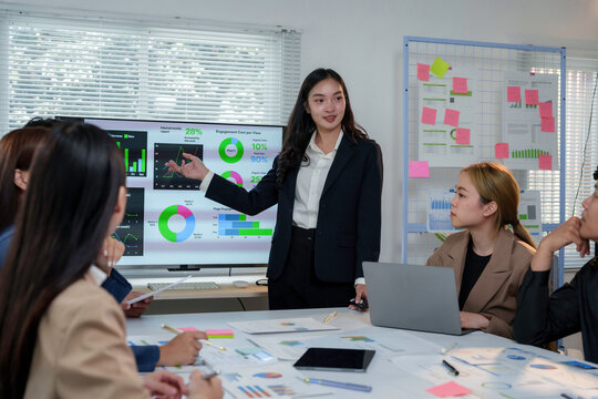 Businesswoman pointing at charts and graphs displayed on interactive whiteboard during a presentation to her team in the office