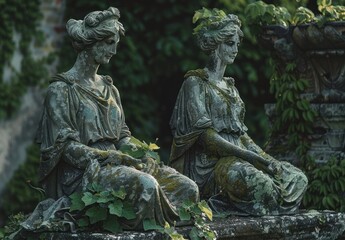 Obraz premium Two Weathered Statues Amongst Greenery