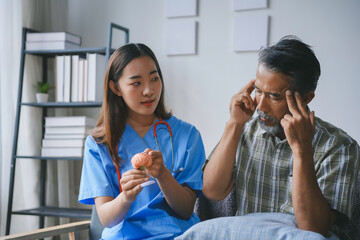 Female doctor showing anatomical brain model to senior patient suffering headache at home