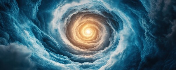 Naklejka premium financial success freedom risk concept. A swirling, cosmic scene featuring a bright, golden light at the center, surrounded by deep blue and white clouds, evoking a sense of mystery and wonder.
