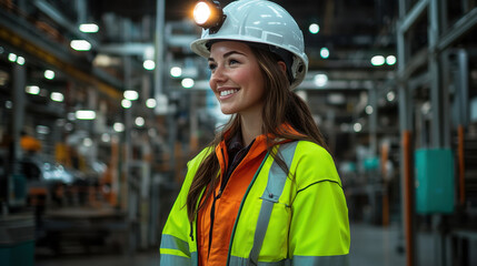 woman in bright yellow reflective work jacket and hard hat smiles confidently in industrial setting, showcasing safety and professionalism