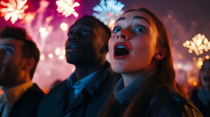 Obraz premium A group of people enjoying a fireworks display, expressions of awe and excitement visible against a colorful night sky.