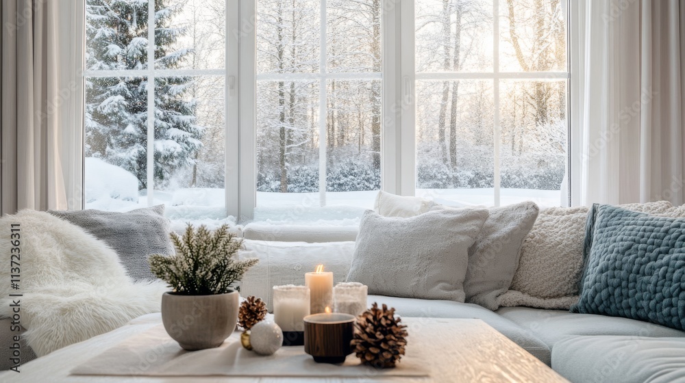 Wall mural A cozy living room scene with soft cushions, candles, and pine cones, framed by large windows showcasing a snowy landscape outside.