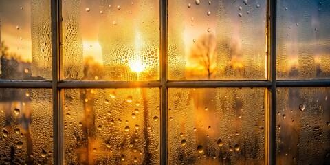 Golden Sunset Through a Windowpane, Glimmering Dew Drops Capturing the Warmth of the Day
