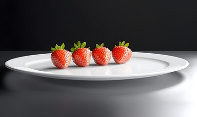 Four strawberries aligned on white plate, dark background.