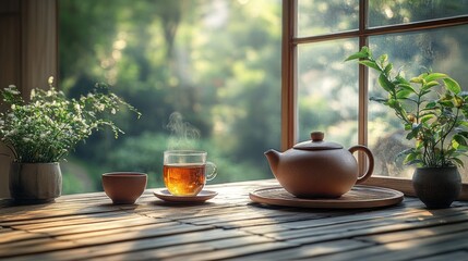 A serene tea setting with a teapot and cup, surrounded by greenery and sunlight.