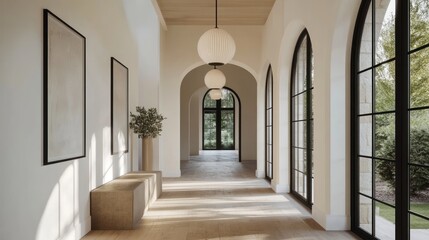Sunlit hallway with arched doorways, light wood floors, and modern art.