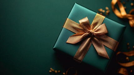 A luxurious emerald gift box with a golden ribbon set on a rich green background, perfect for holiday celebrations, birthdays, or elegant events.
