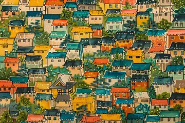 Fototapeta premium Colorful illustration of a dense village, showcasing diverse rooftops and greenery.