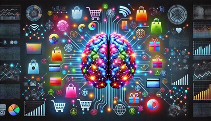 illustration of a stylized human brain surrounded by interconnected shopping and digital commerce icons, highlighting the network of consumer behavior and technology in the modern era. Neuroscience i.