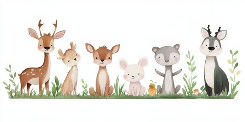 Naklejka premium Adorable Watercolor Woodland Animals, Deer, Fawn, Rabbit, and Bear in a Charming Meadow Setting