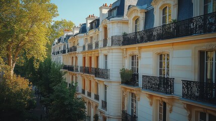 Naklejka premium A serene view of elegant Parisian architecture with balconies and lush greenery.