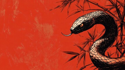Obraz premium An elegant black serpent on a vivid red background, ideal for Year of the Snake celebrations, mysterious themes, and design for events requiring a powerful, captivating image.