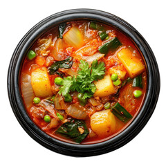 Delicious vegetable stew in a black bowl.. transparent background