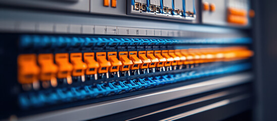 Electrical panel with blue and orange connectors, showcasing intricate wiring and technology. detailed view of modern electrical engineering equipment