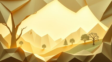 A serene, abstract landscape with mountains, trees, and a warm glow.