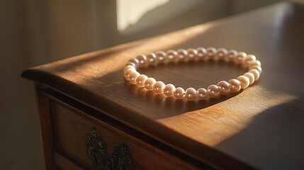 Pearl Necklace Rests on Wooden Furniture in Sunlight