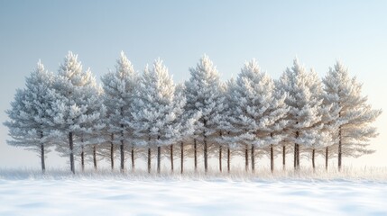 A serene winter landscape featuring a row of snow-covered pine trees against a clear sky.