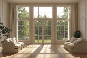 Sunlit Living Room with French Doors and Garden View