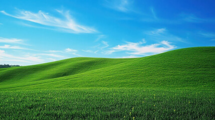 Fototapeta premium Lush green grassy hills under bright blue sky with wispy clouds create serene landscape. This picturesque scene evokes sense of tranquility and natural beauty