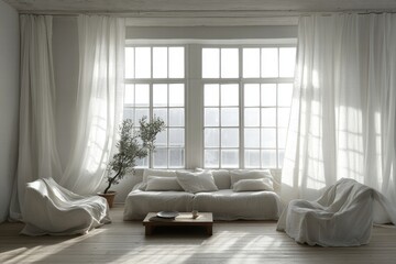 Sunlit Minimalist Living Room with Linen Draped Furniture