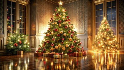 A Festive Christmas Scene with Ornate Decor and Two Christmas Trees Adorned with Lights and Ornaments