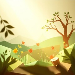 A serene, stylized landscape featuring trees, flowers, and mountains in a soft, warm light.