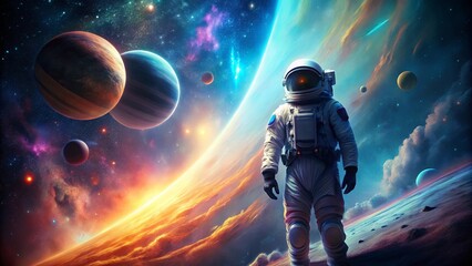 Naklejka premium A solitary astronaut stands on an alien planet, gazing out at the vastness of space, where colorful nebulas illuminate a landscape of swirling clouds and distant celestial bodies.