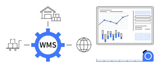 Obraz premium Warehouse management system gear connected to warehouse, cart, globe, and analytics screen with charts. Ideal for logistics, inventory management, supply chain, data analysis, business strategy